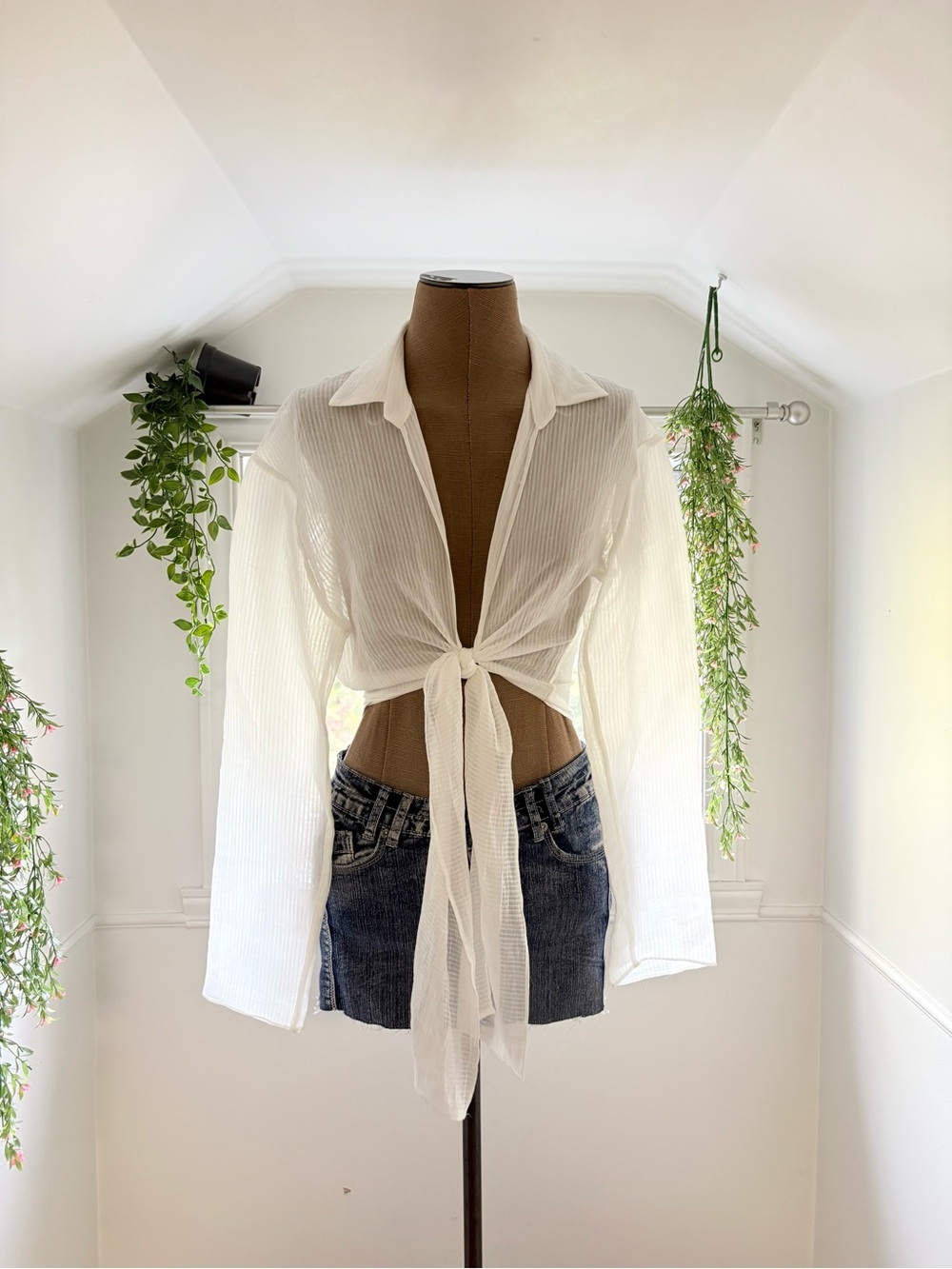 White Tie-Front Sheer Blouse - Women